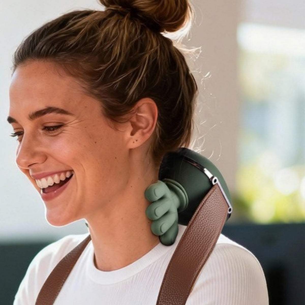 Woman smiling at her desk while wearing the Duskwell massager