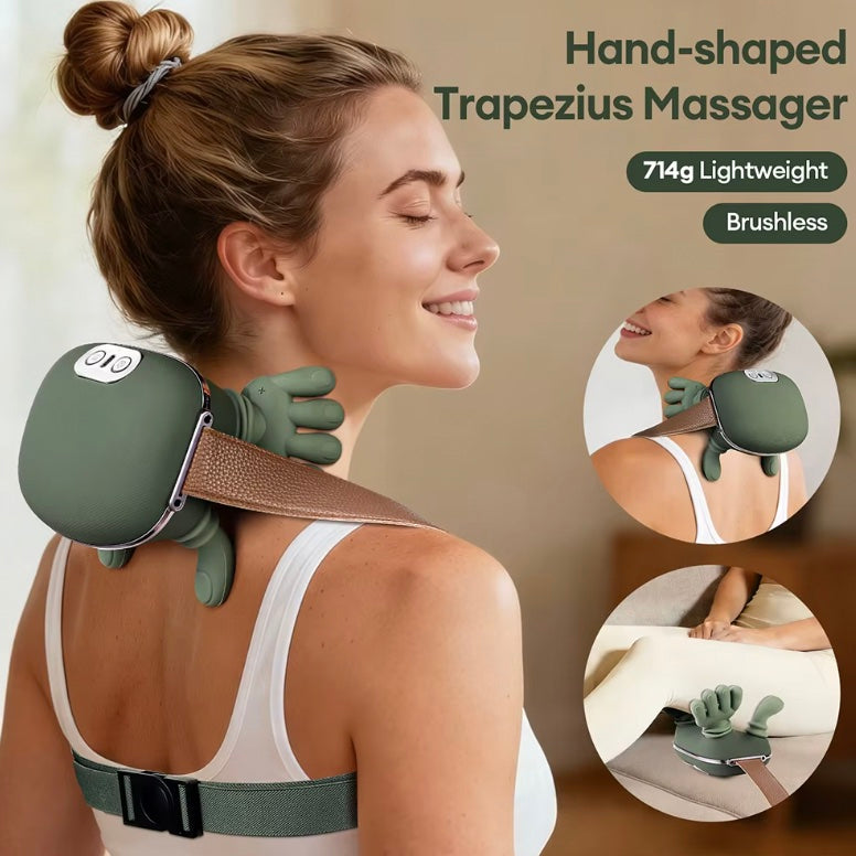 Woman relaxing with the hand-shaped neck and shoulder massager, lightweight 714 g