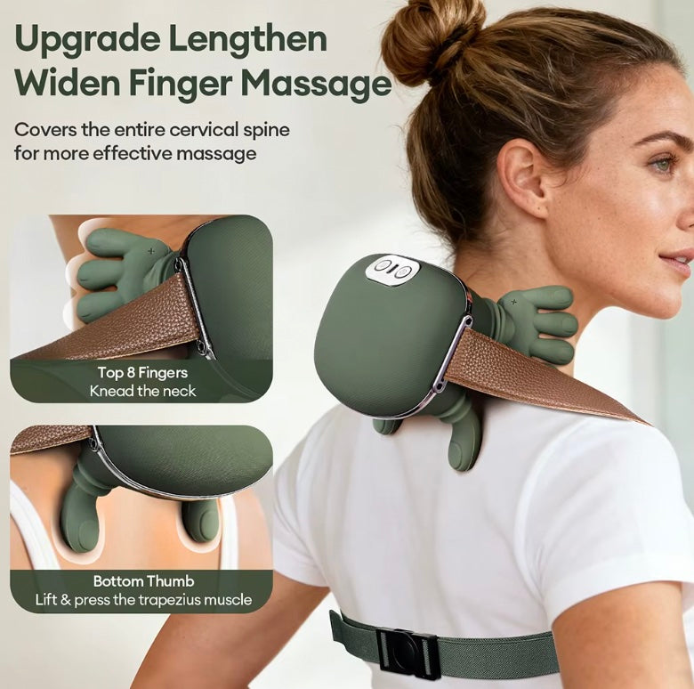Lengthened silicone fingers knead the neck while the lower thumbs press the trapezius